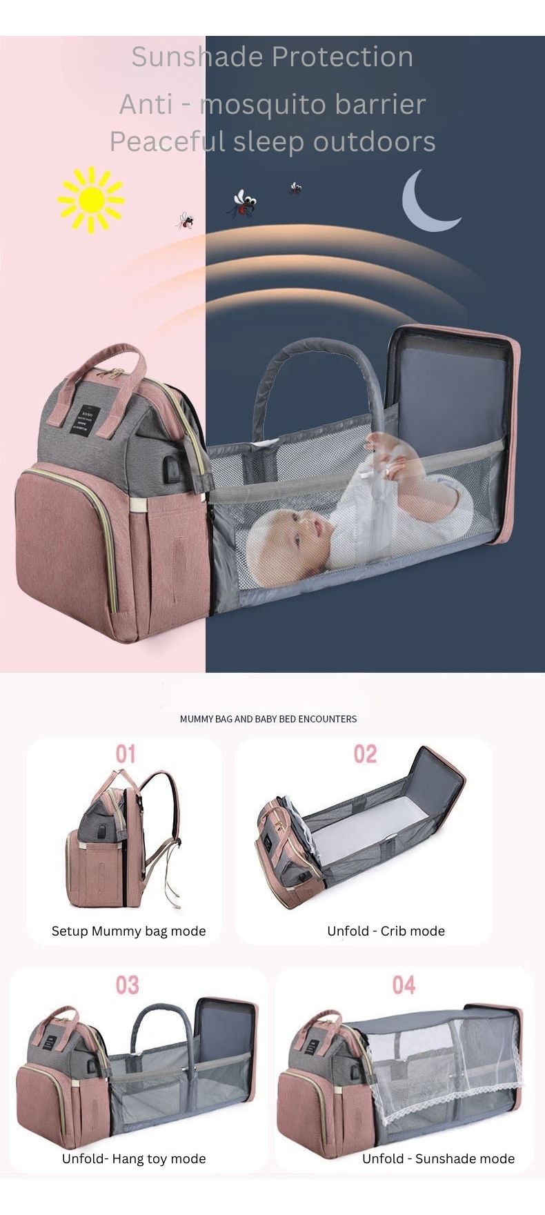 Multifunctional Mummy Bag with Foldable Baby Crib | Waterproof Diaper Backpack | USB Charging | Insulated Bottle Compartment | Large Capacity thumbnail