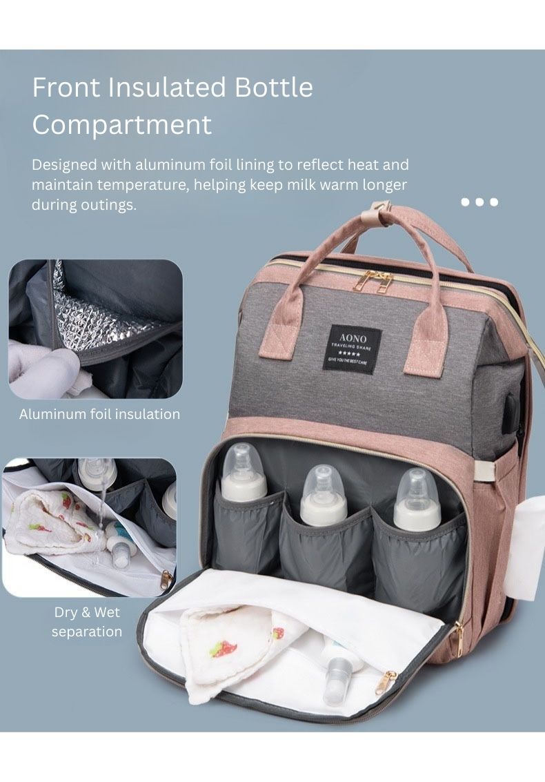 Multifunctional Mummy Bag with Foldable Baby Crib | Waterproof Diaper Backpack | USB Charging | Insulated Bottle Compartment | Large Capacity thumbnail
