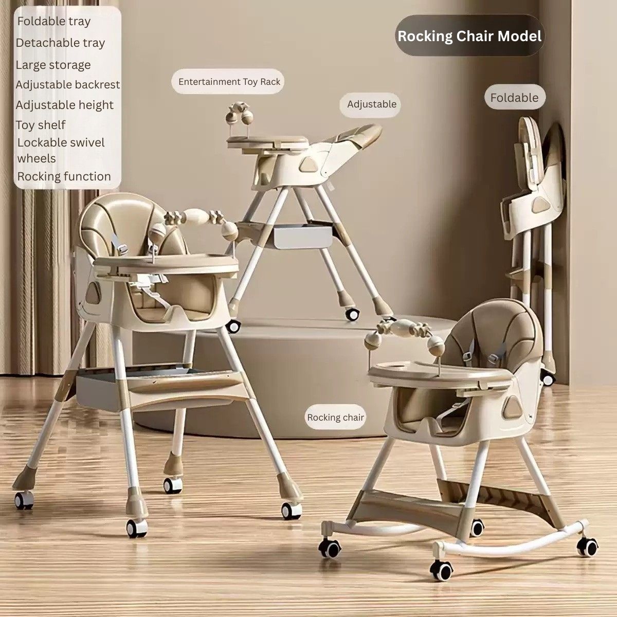 Multifunctional Baby Feeding Chair | Adjustable High Chair with Rocking Function | Foldable & Detachable Tray | 6 Months–6 Years | 75kg Capacity