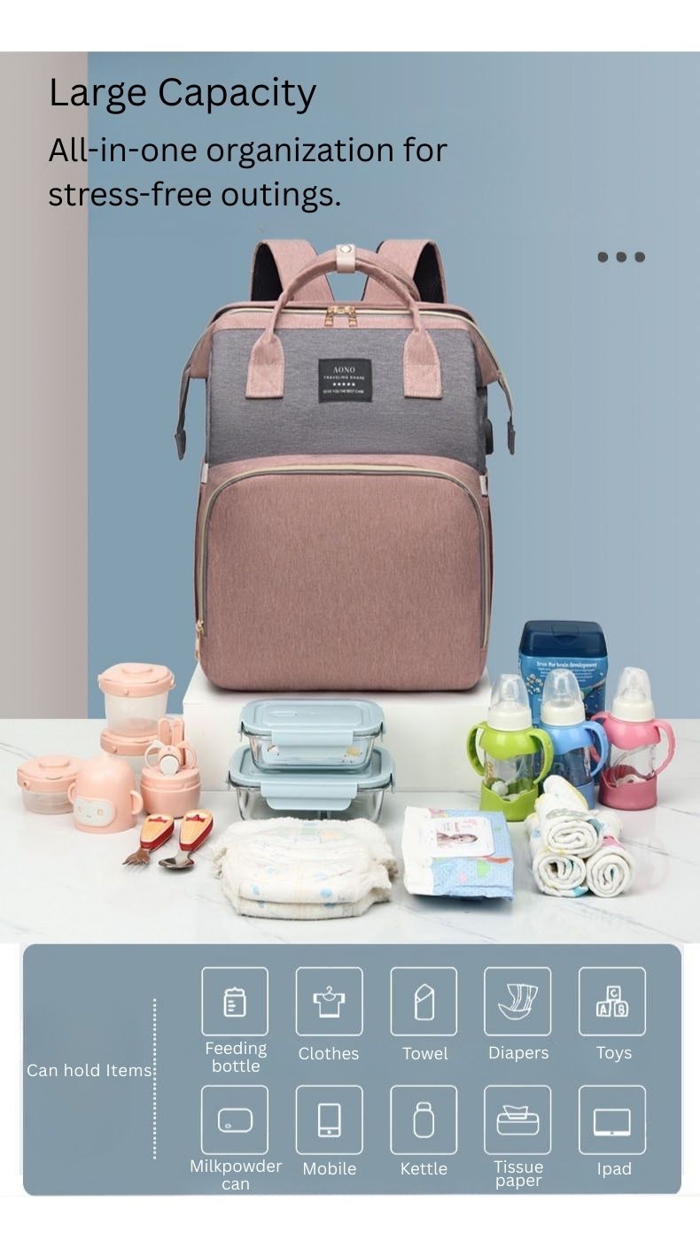 Multifunctional Mummy Bag with Foldable Baby Crib | Waterproof Diaper Backpack | USB Charging | Insulated Bottle Compartment | Large Capacity thumbnail