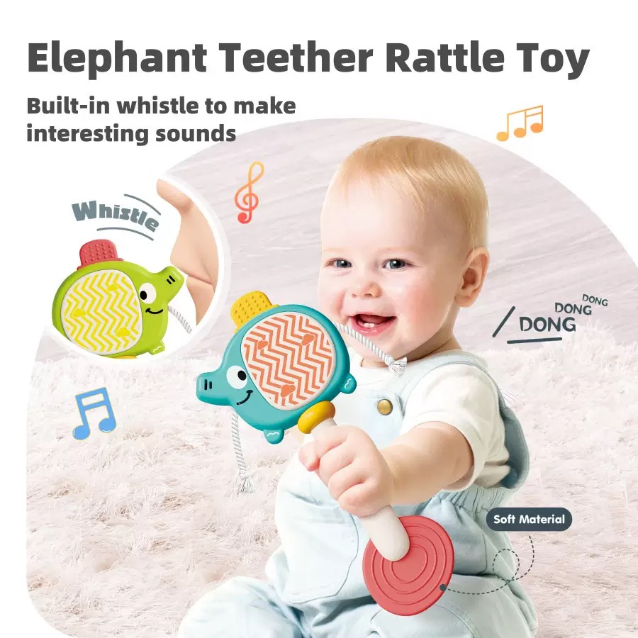 Elephant Teether Rattle Toy for Babies | Soft Silicone | Built-in Whistle | Teething & Sensory Toy | BPA Free thumbnail