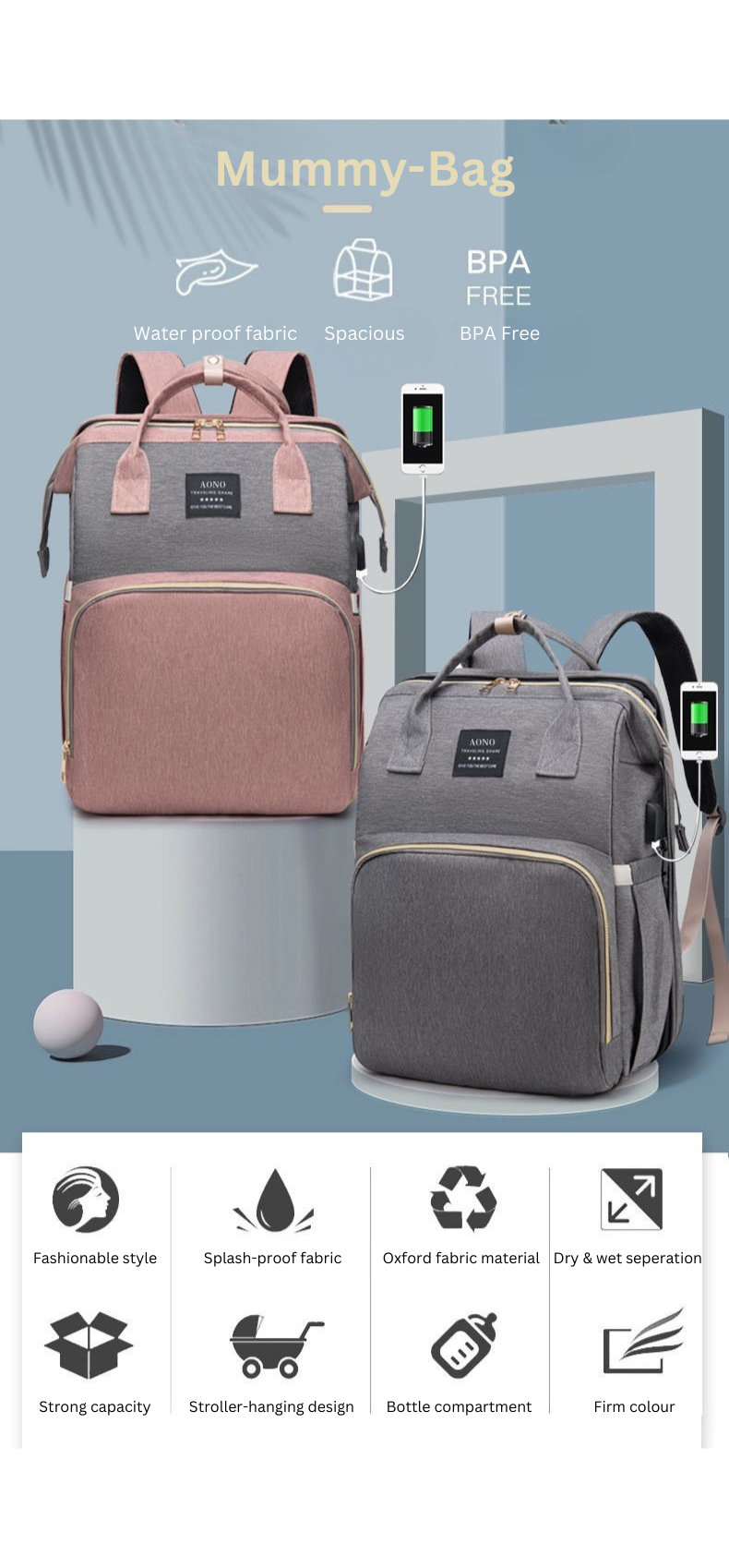 Multifunctional Mummy Bag with Foldable Baby Crib | Waterproof Diaper Backpack | USB Charging | Insulated Bottle Compartment | Large Capacity