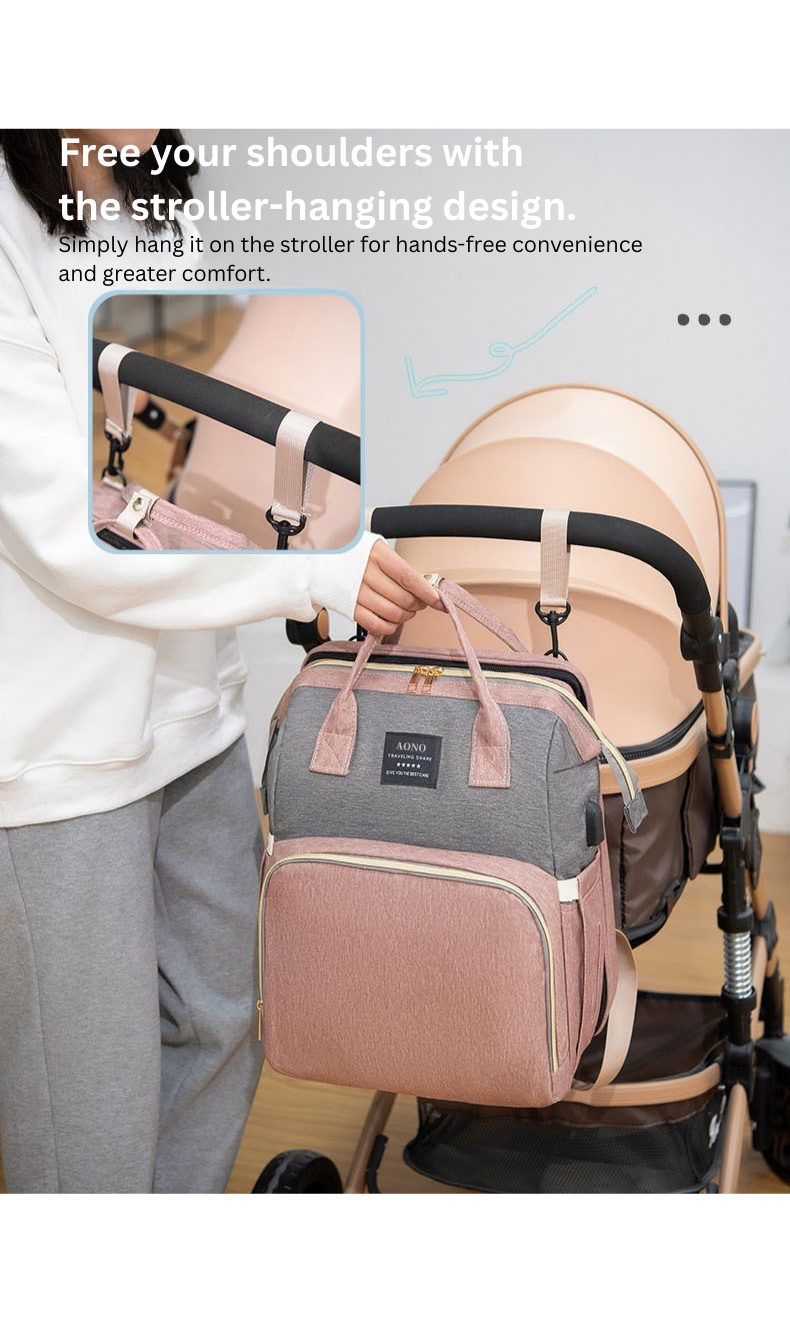 Multifunctional Mummy Bag with Foldable Baby Crib | Waterproof Diaper Backpack | USB Charging | Insulated Bottle Compartment | Large Capacity thumbnail