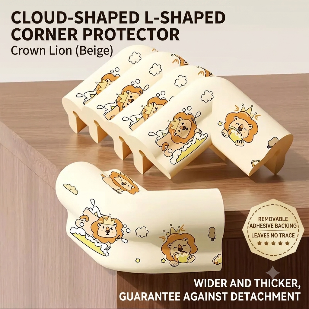 Baby Corner Protector L-Shaped Cloud Design | Thickened Anti-Collision Corner Guard with Strong Adhesive | Furniture Safety Protector for Kids (Crown Lion Beige)
